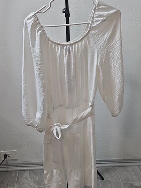 Women’s Cream Midi Dress with Tie Waist and Scoop Neck